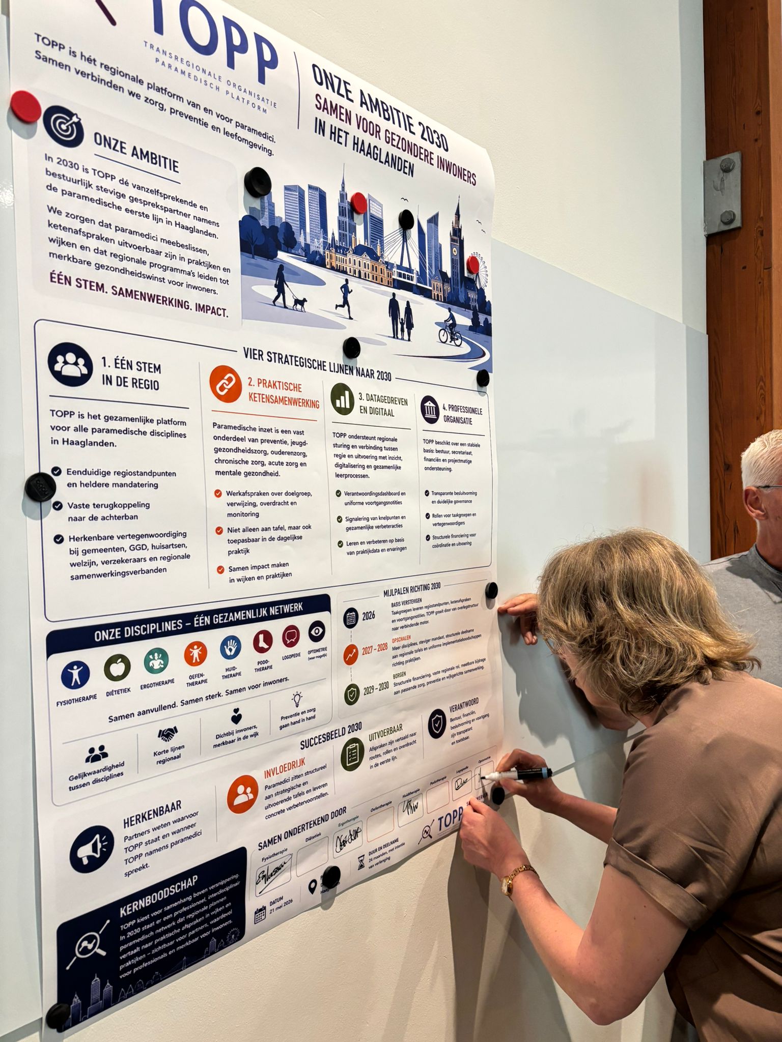 Een bijzonder moment tijdens de conferentie was de ondertekening van de TOPP-ambities richting 2030. Met hun handtekening spraken de zeven paramedische beroepsgroepen uit dat zij zich gezamenlijk willen inzetten voor een sterkere samenwerking binnen de paramedische sector.